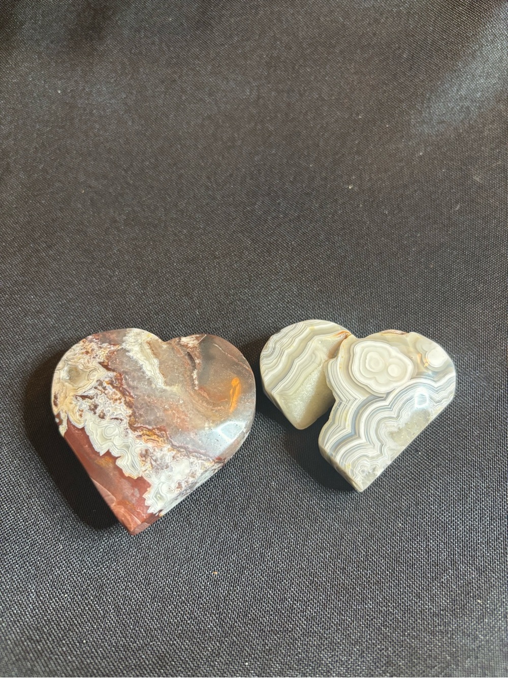 Set of 2 Polished Crazy Mexican Lace Agate Heart - Unique Banding and Druzy
